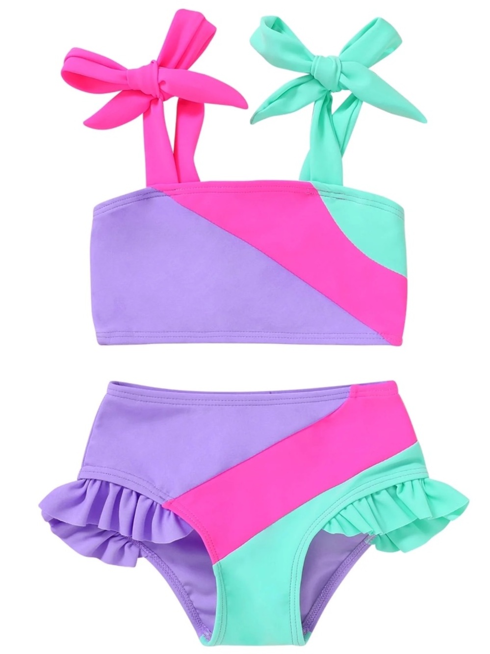 NWT Happy Town Toddler Purple Pink Teal Two Piece Swimsuit Color Block- 2T/3T